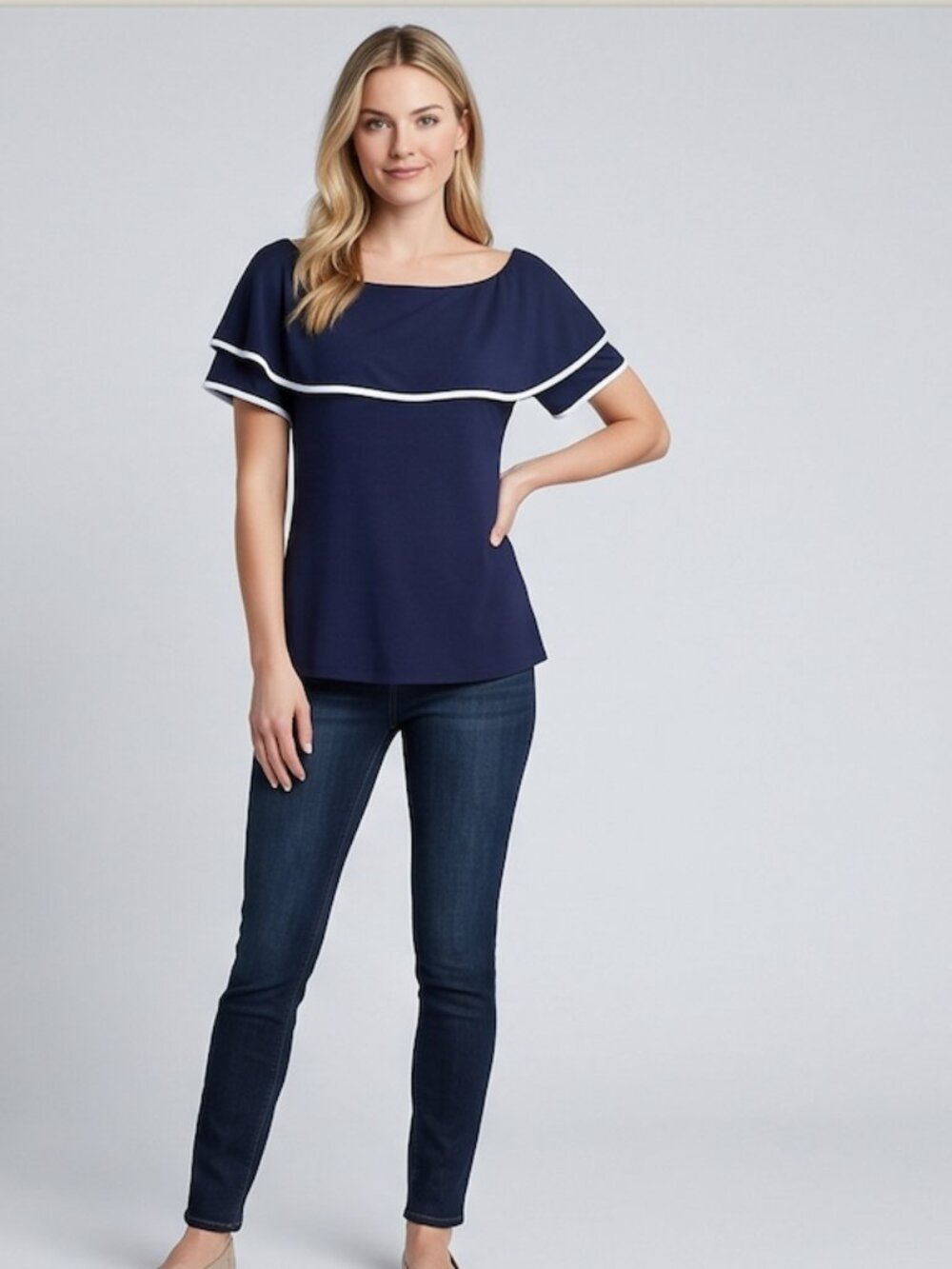 Melanie Lyne Navy Blue Ruffle Off-Shoulder Top with White Contrast Piping